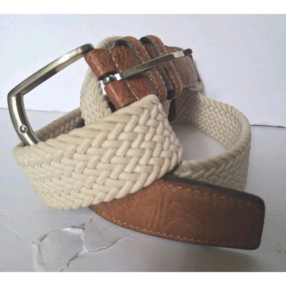 Kahala Torino Leather Mens Italian Woven Cotton Belt Beige Sz 38 69510 Golf Belt